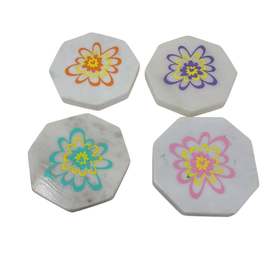 White Marble Stone Tea Coaster Handmade Floral Y2K Decorative Set Of 4 Retro